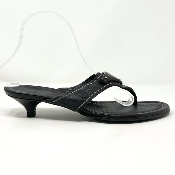 Prada Black Leather Logo Thong Kitten Heel Sandals Size 38.5 EU - Picture 4 of 8